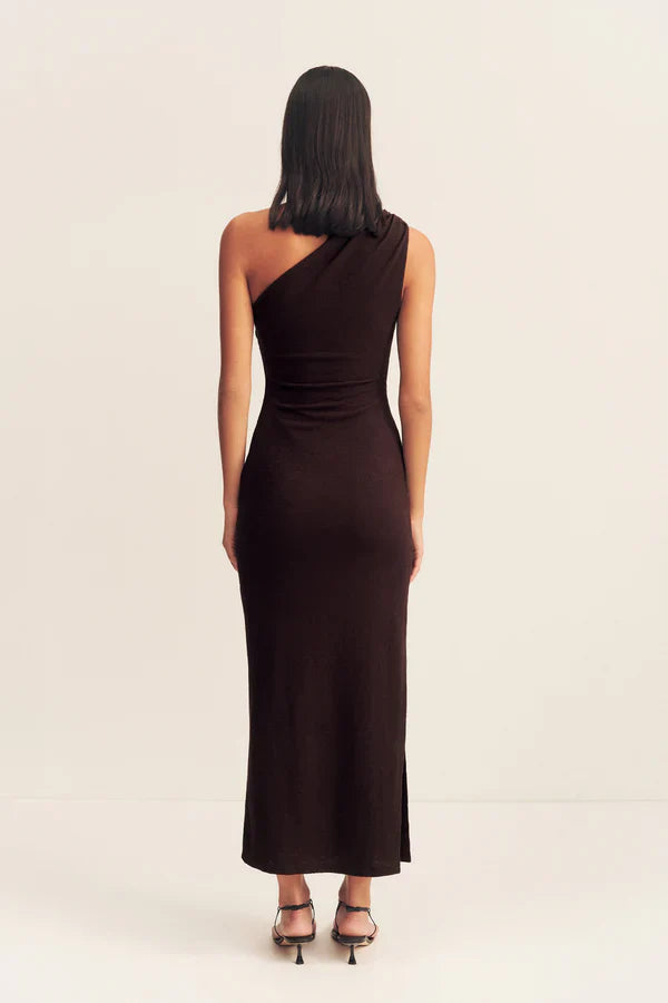 Beau Gathered Asymmetrical Midi Dress - Espresso