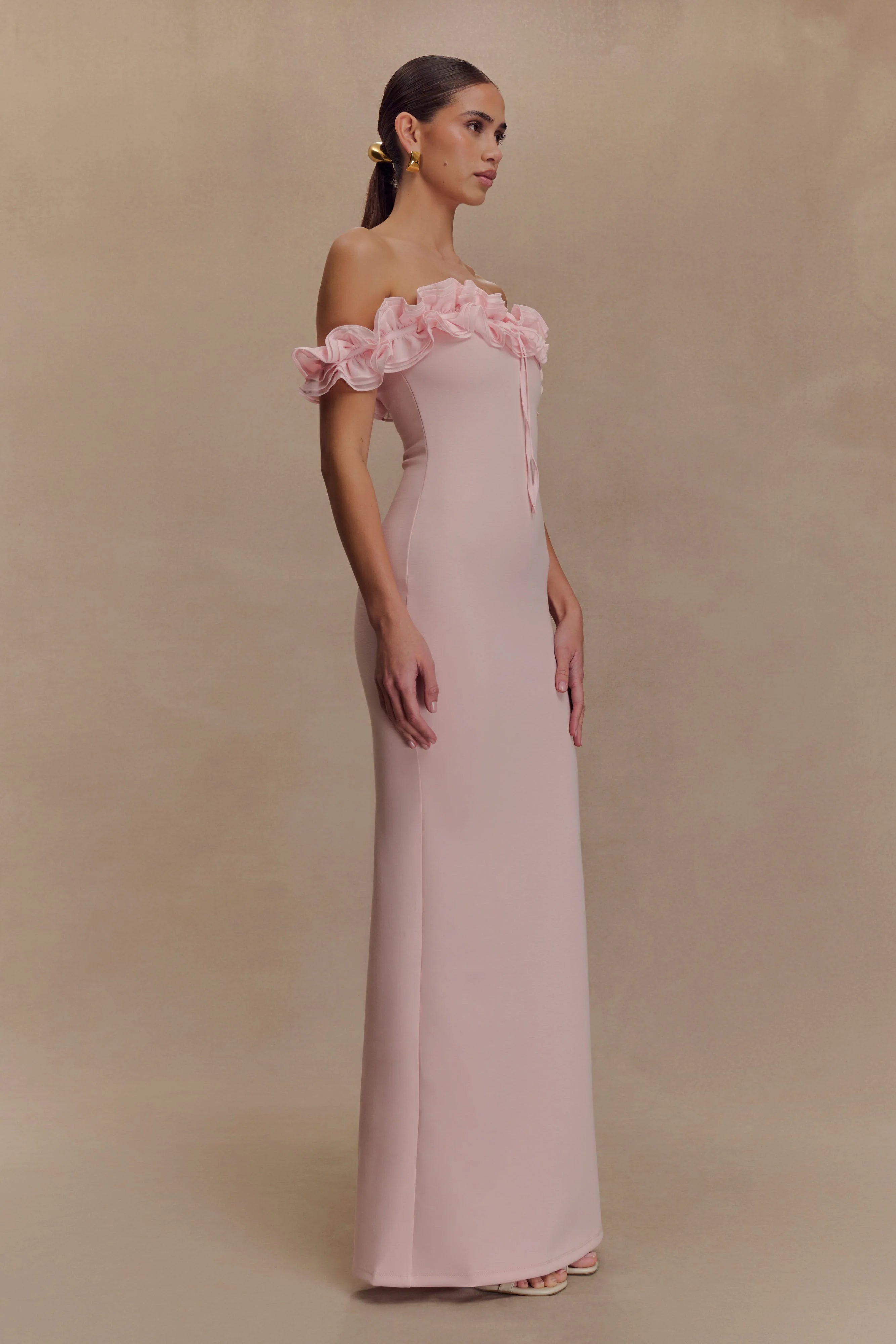 Nova Ruffle Off Shoulder Maxi Dress - Ballet Pink