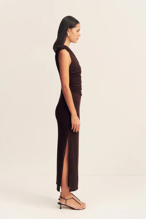 Beau Gathered Asymmetrical Midi Dress - Espresso
