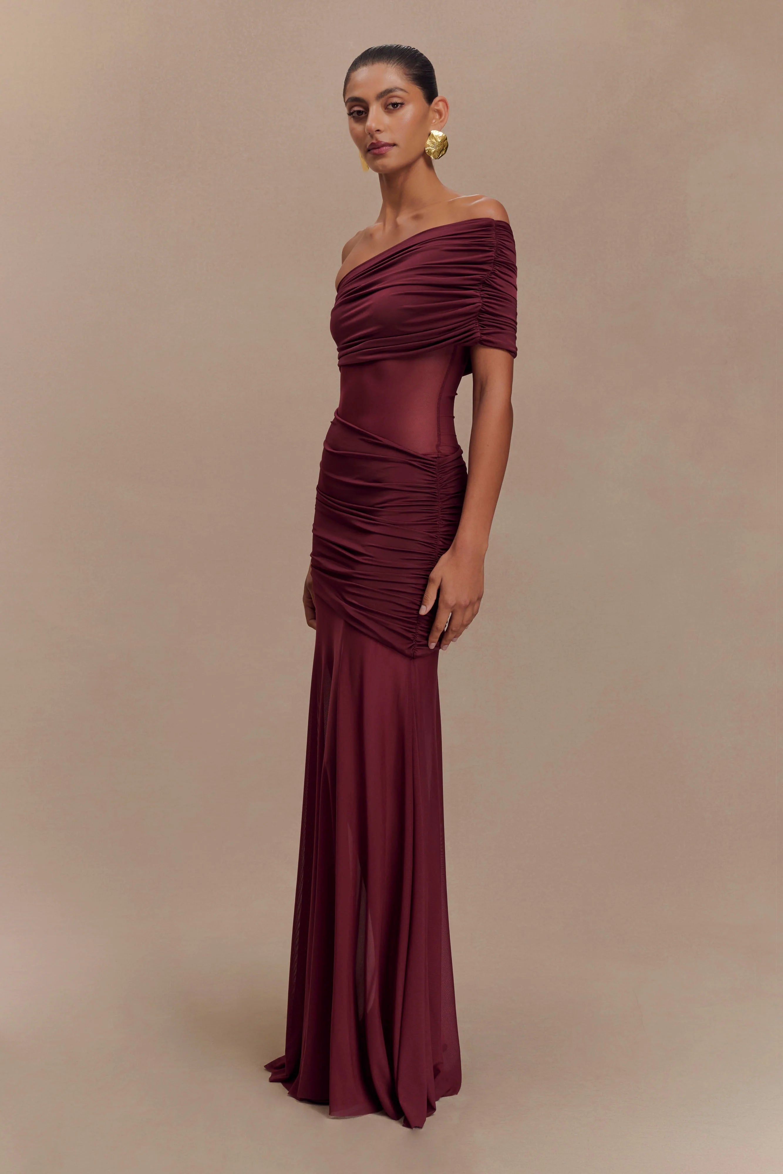 Dallas One Shoulder Mesh Maxi Dress - Burgundy