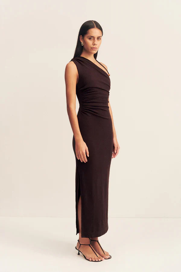 Beau Gathered Asymmetrical Midi Dress - Espresso